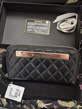 Chanel Trendy  Black Quilted Zip Wallet with Gold Accent